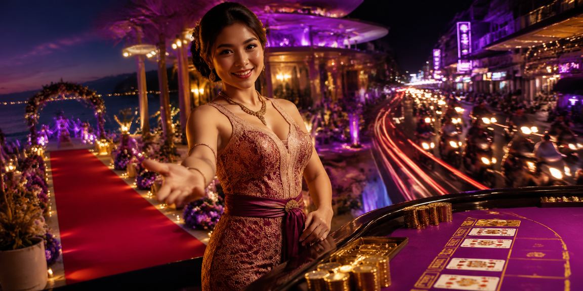 Suasana malam penuh neon di kasino hiburan v77slot