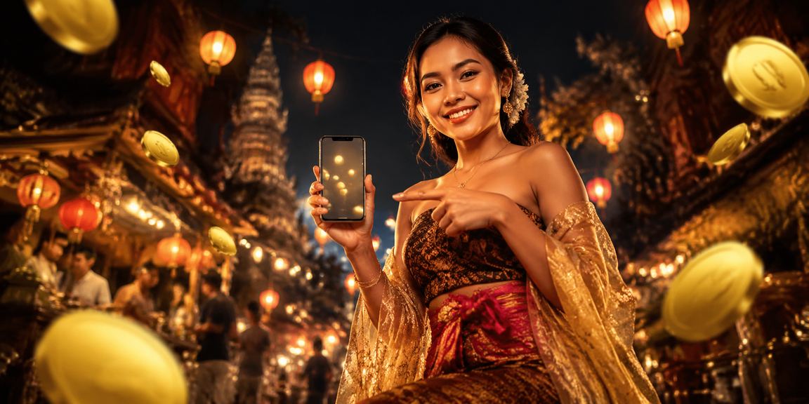 Pemain memainkan casino mobile dengan lentera festival berwarna-warni di latar belakang