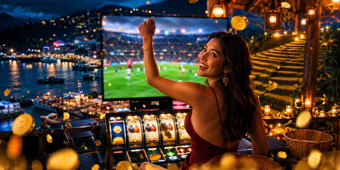 Tampilan mesin slot neon berwarna-warni dengan efek cahaya modern