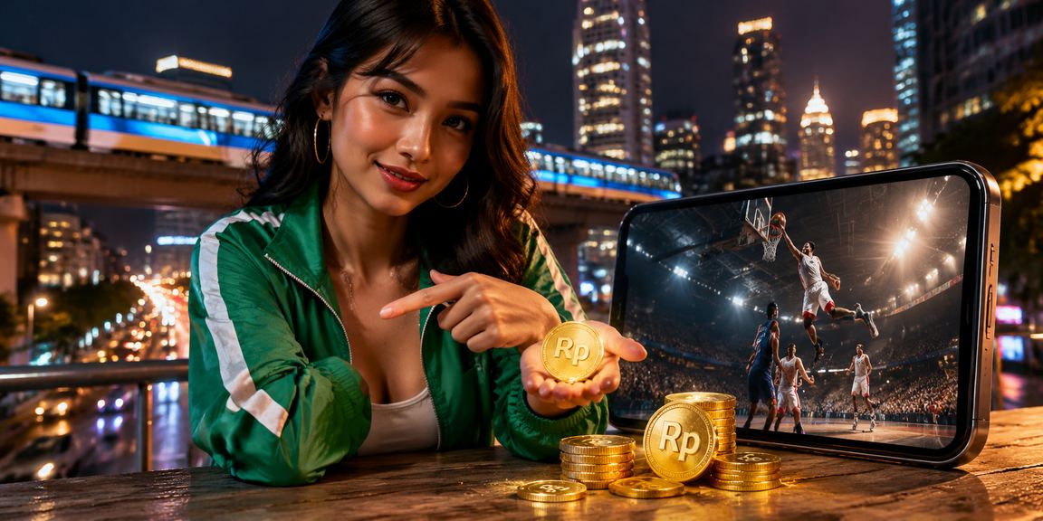Model menikmati taruhan basket online dengan antusias di layar ponsel